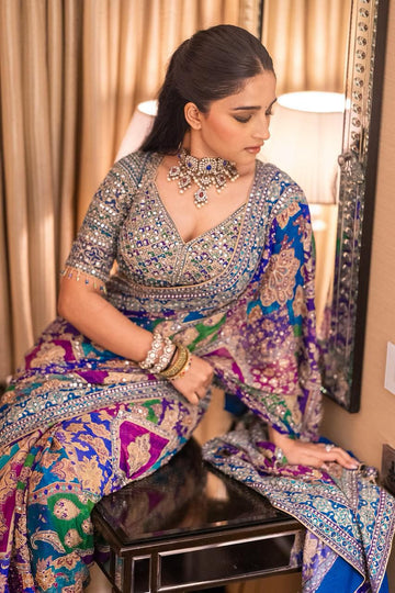 Roman Silk Saree with Real Mirror & Piping Work – A Perfect Blend of Tradition and Contemporary Elegance