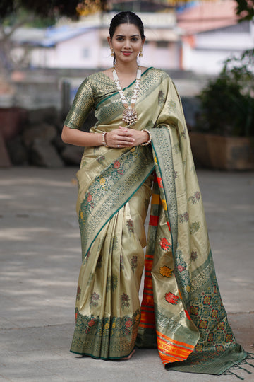 Regal Olive Green Silk Saree with Traditional Floral Weaving