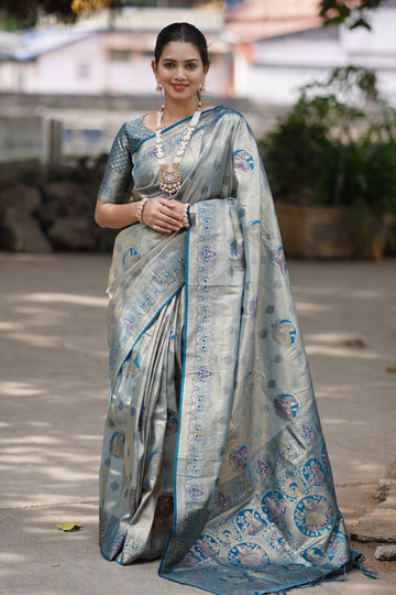 Regal Silver Grey Silk Saree with Intricate Traditional Motifs
