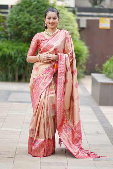 Blush Copper Silk Saree with Floral Zari Weave and Rose Pink Heritage Border