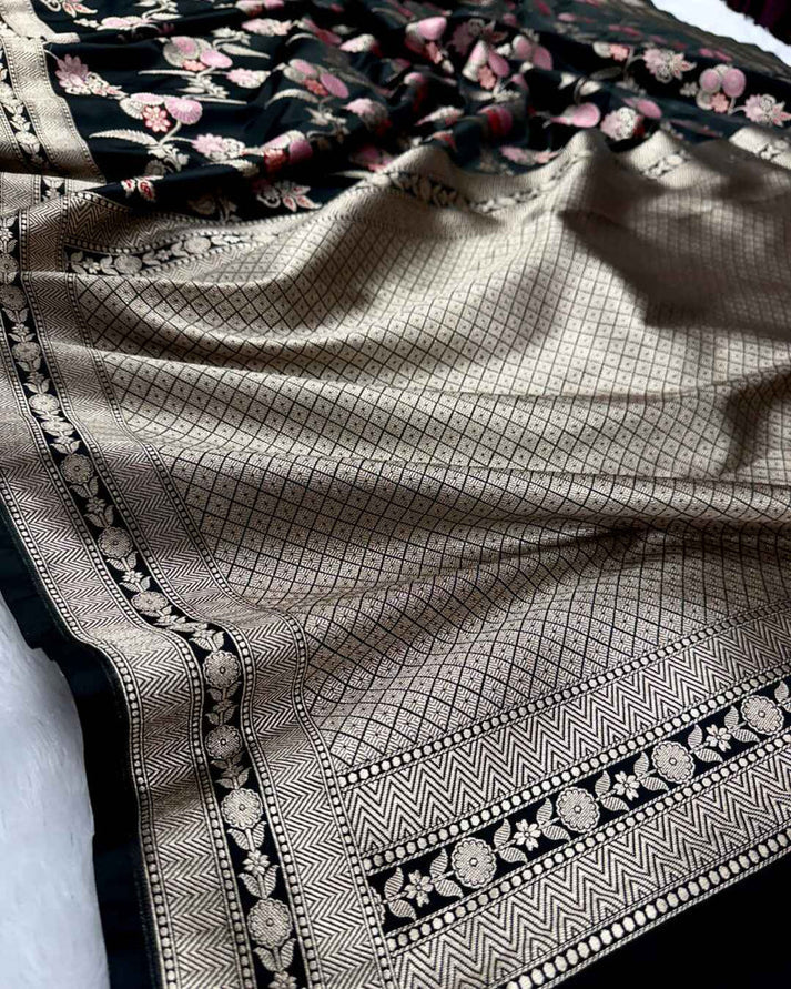 Sashikala Heritage Black Banarasi Mashru Silk Saree with Floral Meenakari Jaal