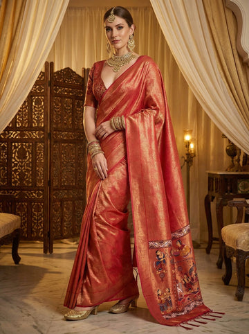 Royal Vermilion Silk Saree with Antique Zari Texture and Handcrafted Storytelling Pallu