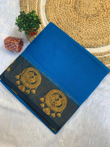 Azure Dynasty – Pure Cotton Silk Saree with Heritage Peacock Zari Border