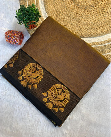 Bronze Heritage – Pure Cotton Silk Saree with Royal Peacock Zari Border
