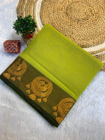 Olive Bloom – Pure Cotton Silk Saree with Heritage Peacock Border
