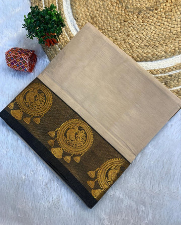 Sandstone Elegance – Pure Cotton Silk Saree with Heritage Peacock Border