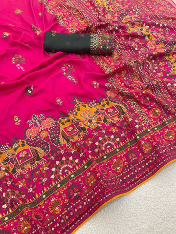 Gulabi Rajwada – Royal Soft Silk Saree with Heritage Paithani Elephant Border