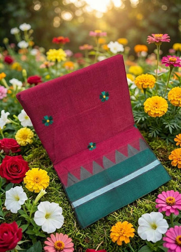 Crimson Garden – Koteshwar Pure Cotton Saree with Emerald Contrast Border