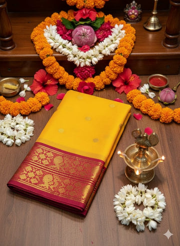 Suvarna Utsav – Mustard Yellow Aura Silk Saree with Royal Maroon Zari Border