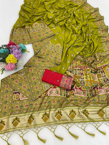 PistaGreen Premium Silk Saree with Heavy Zari Border & Red Contrast Blouse