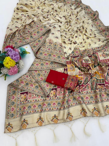 Ivory Cream Premium Silk Saree with Multicolor Zari Border & Red Contrast Blouse