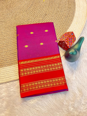 Magenta Pink Aura Silk Saree with Royal Red Zari Border & Unstitched Blouse