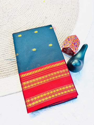 Teal Blue Aura Silk Saree with Red Zari Border & Unstitched Blouse