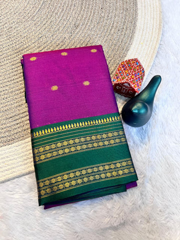 Royal Purple Aura Silk Saree with Bottle Green Zari Border & Blouse