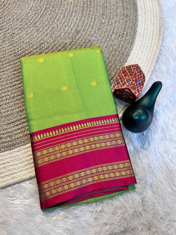 Parrot Green Aura Silk Saree with Magenta Zari Border & Blouse