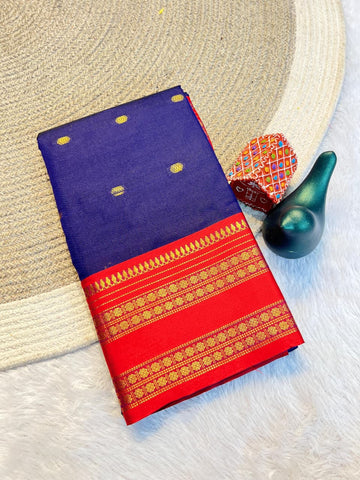 Royal Blue Aura Silk Zari Woven Saree with Red Border & Blouse