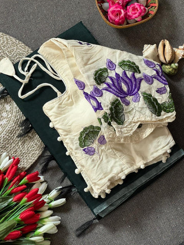 Bottle Green Cotton Silk Saree with Purple Lotus Embroidery Blouse