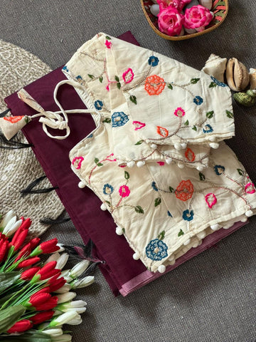 Loom Chanderi Cotton saree with a heavy Kora Cotton embroidered stitched blouse