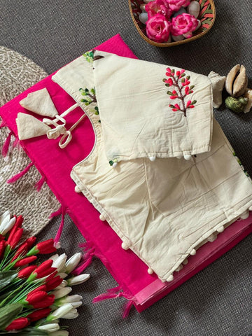 Hot Pink Chanderi Cotton Saree Paired with a cream embroidered blouse
