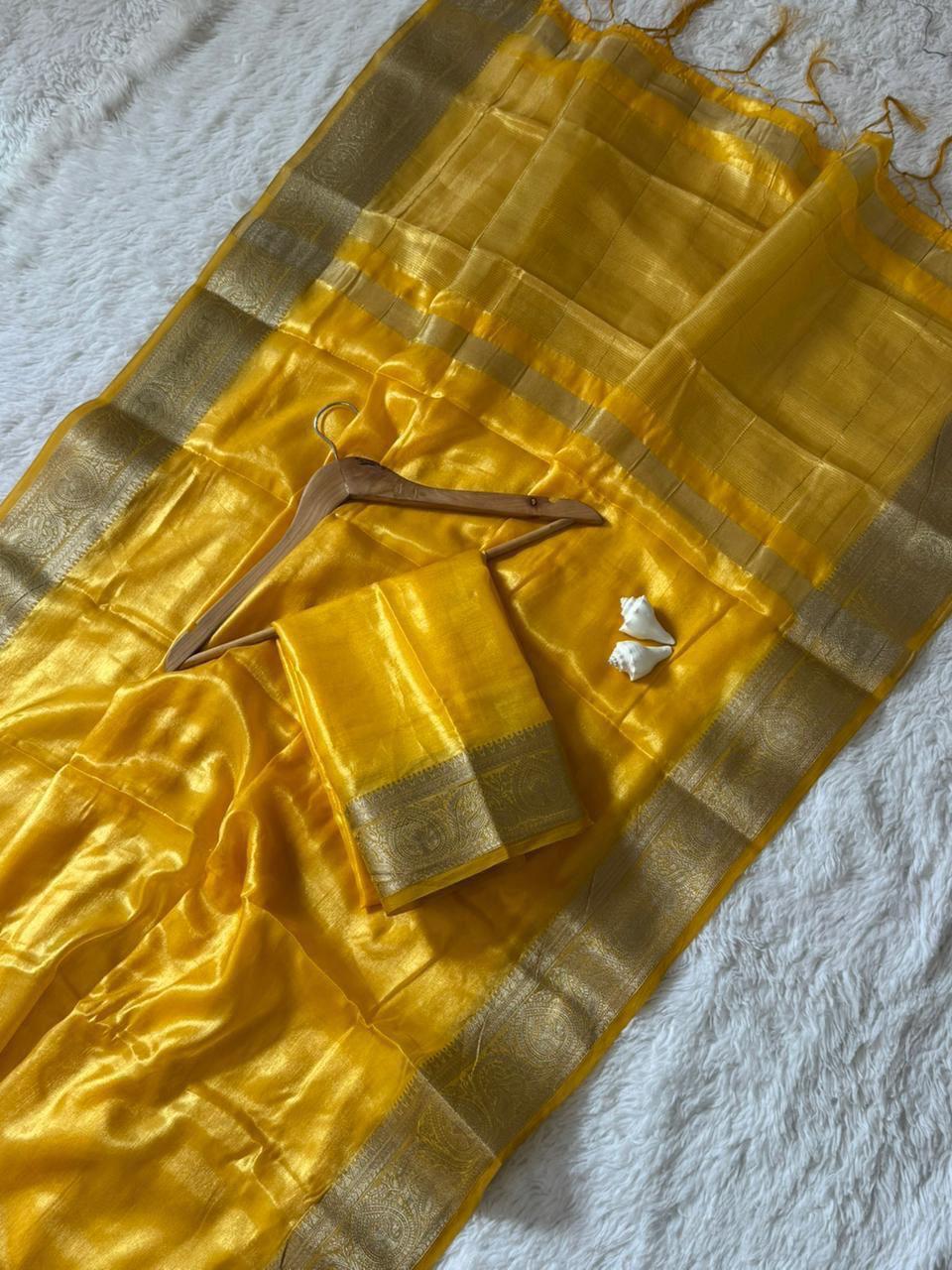 Yellow Silk Pure Banarasi Handloom Saree With Blouse