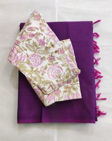 Purple Cotton Saree with a White and Pink floral Block-Printed Blouse