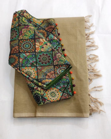 Chanderi Model Kalamkari Ikkat Print Saree Set With A Ready-made Blouse