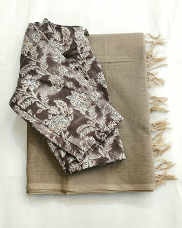 Chanderi Model Saree In Beige With A Kalamkari Ikkat Print Readymade Blouse