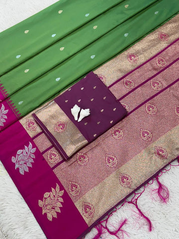Soft Silk Kanchi Pattu Edition Saree In Olive Green And Magenta