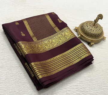 Wine Maroon Pure Mulberry Silk Saree featuring Golden Brocade Border