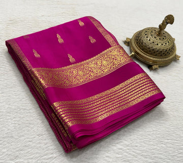 Pure Mysore Crepe Silk Saree in Vibrant Magenta with Rich Gold Zari Bentex Border