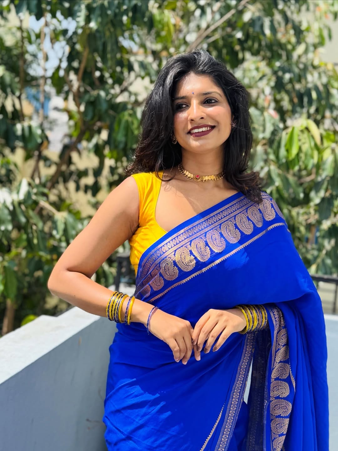 Royal Blue Mysore Silk saree with Gold Zari Border & Contrast Yellow Blouse Piece |Shashikala