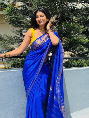 Royal Blue Mysore Silk saree with Gold Zari Border & Contrast Yellow Blouse Piece |Shashikala