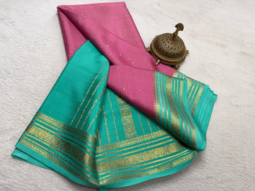 Pure Mysore Crepe Silk Saree with All-Over Checks & Rich Gold Zari Teal Border