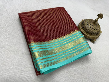 Pure Wine and Sea-Blue Mysore Crepe Silk Saree