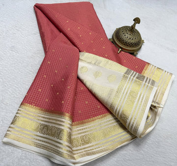 Pure Mysore  Crepe Silk Saree with Gold Zari Checks and Contrast Border