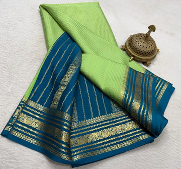 Pure Mysore Silk Saree in Lime Green & Teal Blue
