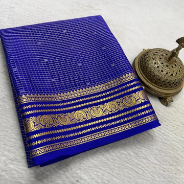 Buy Mysore Silk Saree in Royal Blue Micro Checks with Gold Zari Border and Star Buttas