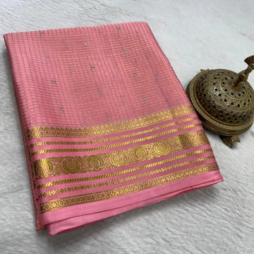 Pastel Pink Mysore Silk Saree in Delicate Zari Micro-Grid