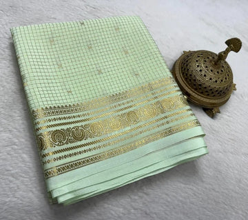 Mint Green Pure Mysore Crepe Silk Saree with Antique Gold Zari .