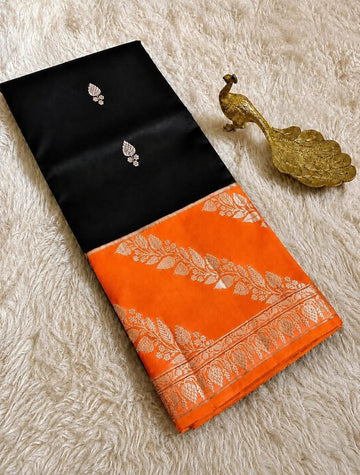 Dual-Tone  Kanchipuram Tussar Silk sarees in Midnight Black and Tangerine Orange