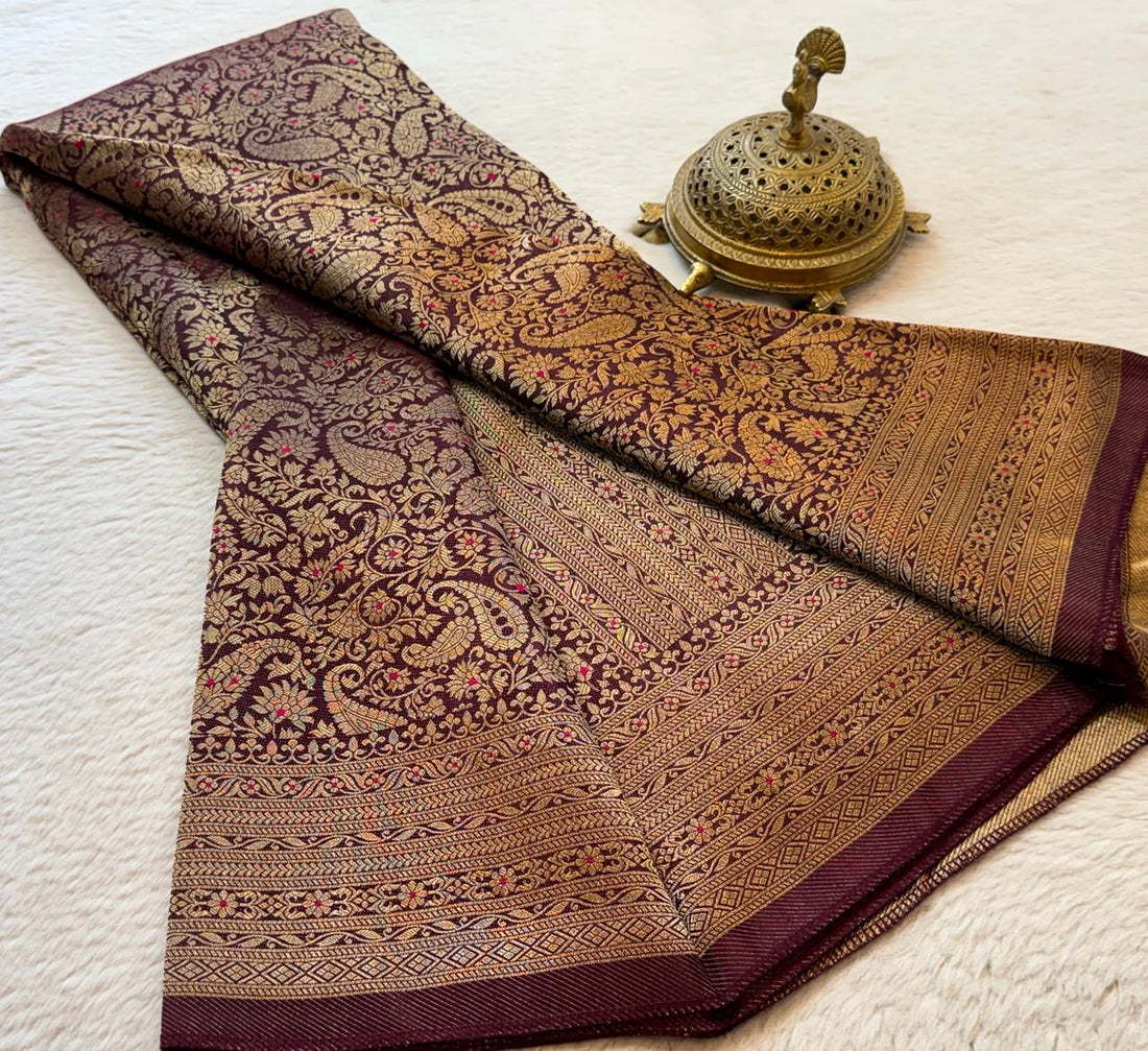 Premium Crepe Brocade Saree with Elephant Motif & Meenakari Weaving | Rich Border | Wedding Saree