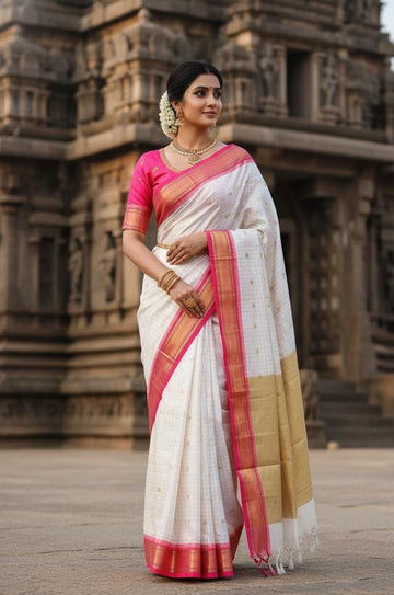 White Aura Silk Saree with Pink Zari Border | New Chex Moon Collection by Shashikala