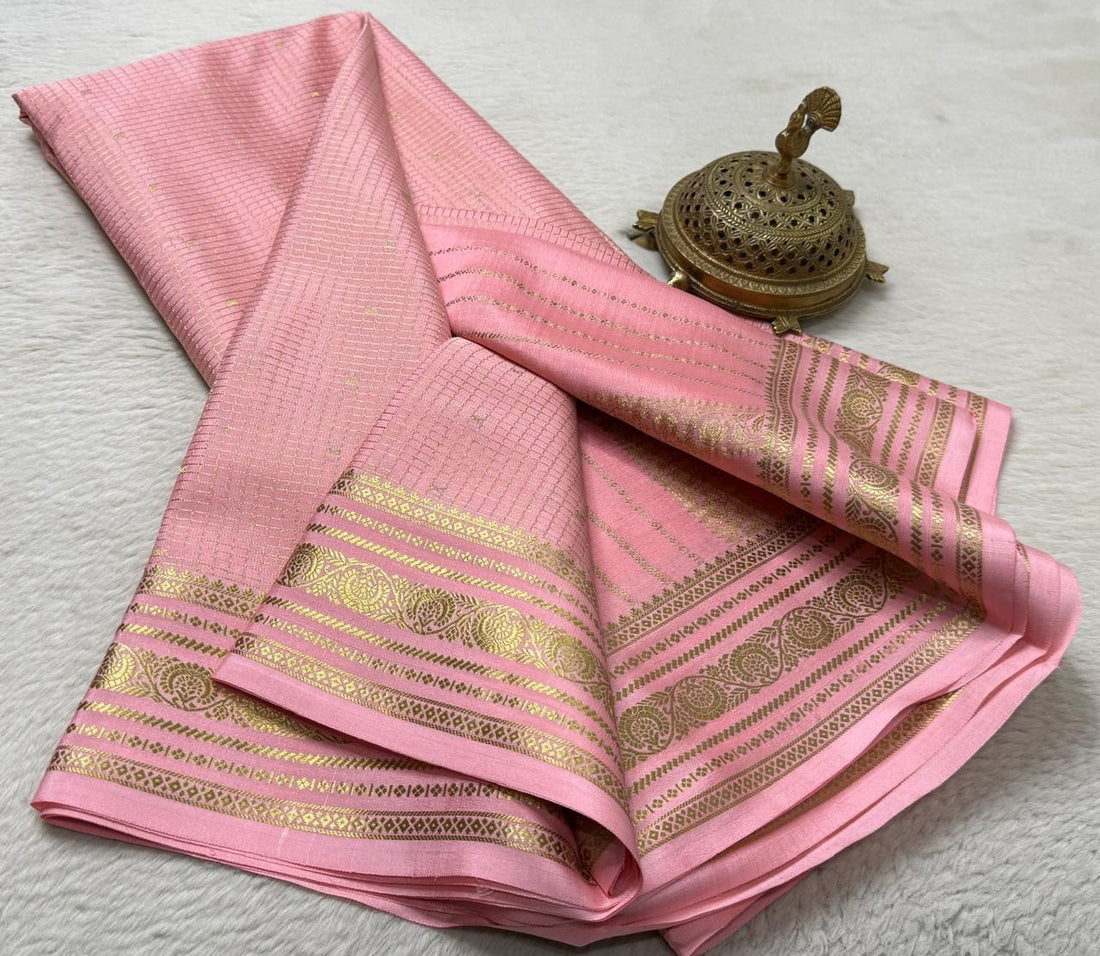 Buy Mysore Silk Saree in Royal Blue Micro Checks with Gold Zari Border and Star Buttas