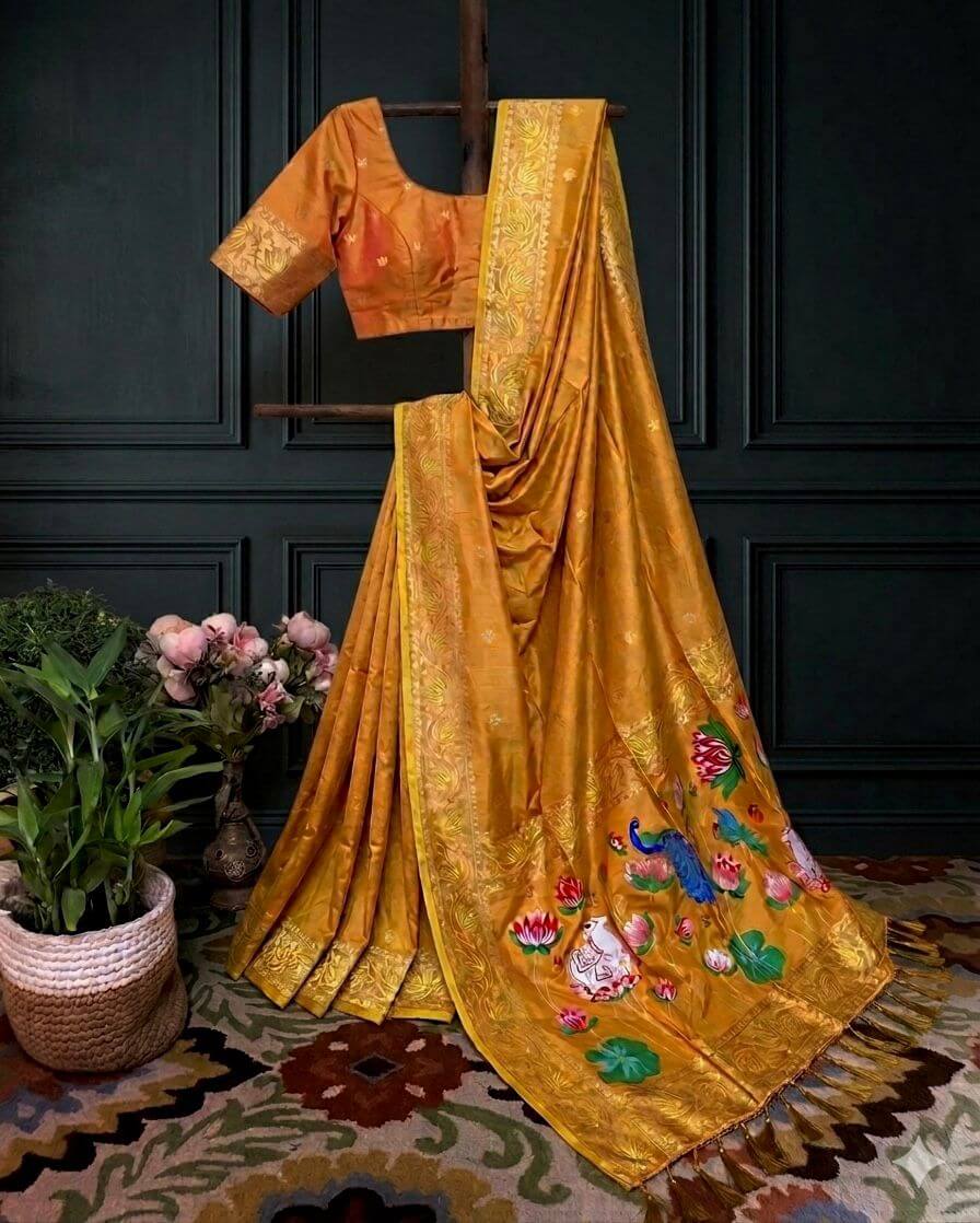 musterd yellow  Meenakari Motif Festive Saree with blouse| sashikala