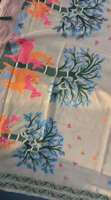 Sashikala  Linen-Cotton Blend Saree with Embroidered Floral Tree & Deer Border