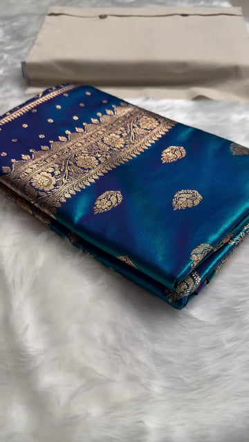 Royal Blue Banarasi Silk Saree – Golden Zari Floral Weaving Satin Katan Silk Saree with Blouse Piece