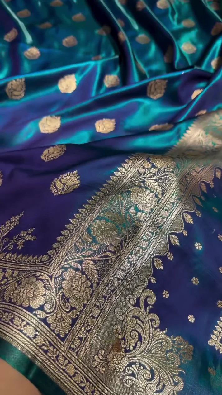 Royal Blue Banarasi Silk Saree – Golden Zari Floral Weaving Satin Katan Silk Saree with Blouse Piece